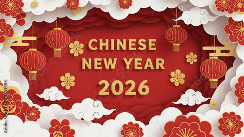 Chinese New Year 2026 Celebration with Red Lanterns and Clouds.