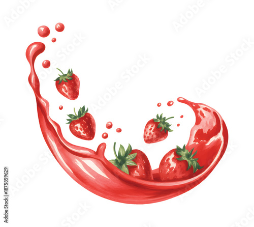 Botanical strawberry splash with soft hand-painted motion. Strawberry fruit wrapped in liquid splash watercolor art.