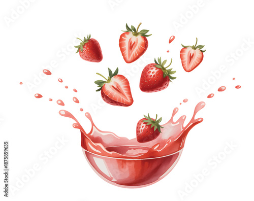 Botanical strawberry splash with soft hand-painted motion. Strawberry fruit wrapped in liquid splash watercolor art.