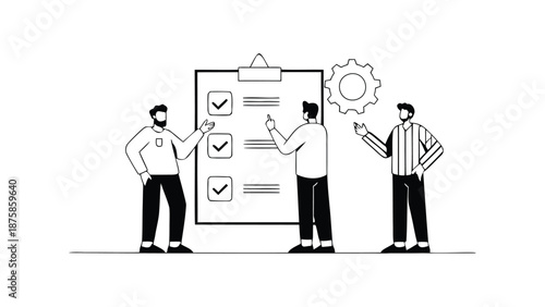 Three business professionals discussing strategy with clipboard and checklist in modern office setting