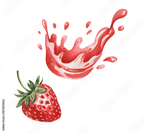 Botanical strawberry splash with soft hand-painted motion. Strawberry fruit wrapped in liquid splash watercolor art.