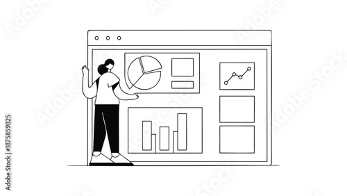 Businessperson analyzing workflow on a large computer screen with charts and graphs