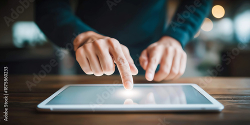 Person using fingertip to interact with a digital tablet on a wooden desk, symbolizing innovation and internet access © Bonsales