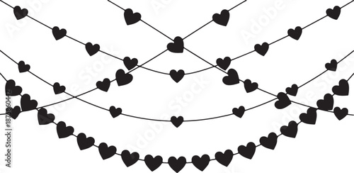 Black heart icons set. Valentine's day decoration. Valentine's day seamless banner or border.Wavy strings of black hearts garland. Hearts garland.