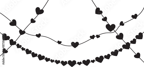 Black heart icons set. Valentine's day decoration. Valentine's day seamless banner or border.Wavy strings of black hearts garland. Hearts garland.