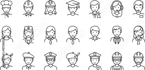 Collection of diverse occupation icons in simple line art style