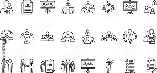 A collection of simple line icons representing business and human resources concepts