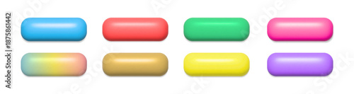 Set of colorful 3D matte buttons for web and app design. Realistic rounded interface elements in vibrant colors. Vector illustration.