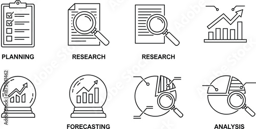 Business Analysis and Planning Icons Representing Research and Forecasting