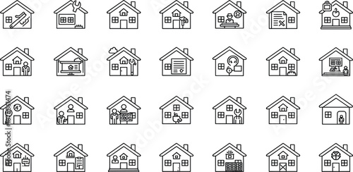 Collection of house icons in various styles on a white background