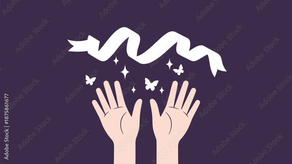 Fototapeta premium Hands releasing ribbon with butterflies Vector