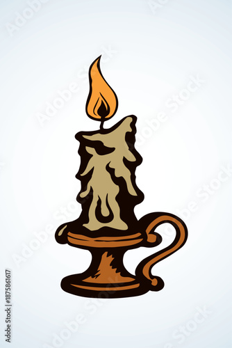 Big melt shape paraffin object on paper space for text. Outline dark ink hand drawn warm cathedral glare logo emblem pictogram banner design in art historic doodle engraved style. Closeup macro view