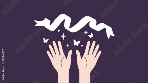 Hands releasing ribbon with butterflies Vector