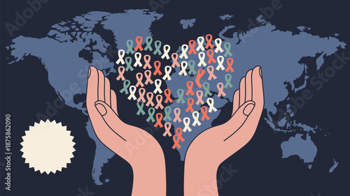 Hands holding ribbons over the world Vector