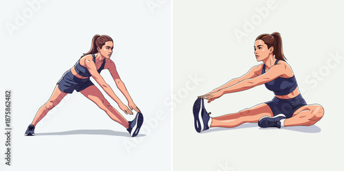 Young woman stretching hamstrings in athletic wear on light background, vector  
