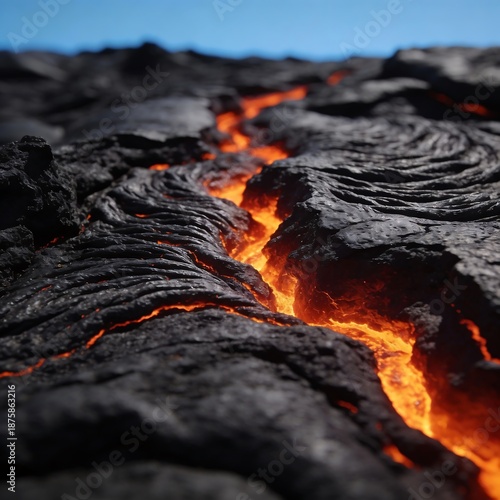 Active lava flow on black volcanic rock landscape