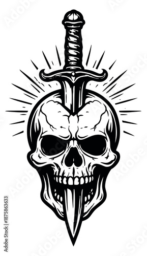 Bold line art illustration of a skull and sword depicting a sword piercing through the skull for a vintage tattoo concept