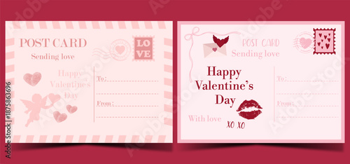 Valentine’s Day Postcard template Set with Love Letter, Cupid, Romantic Elements and romantic stamps