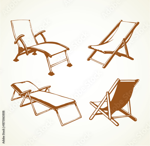 Empty cruise hotel wood plank Chezlong stand on white ocean background space for text. Outline black ink hand drawn tropic trip seaside fold bench logo sign pictogram sketchy in art retro doodle style