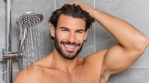Smiling man washes hair in shower during morning routine in bathroom