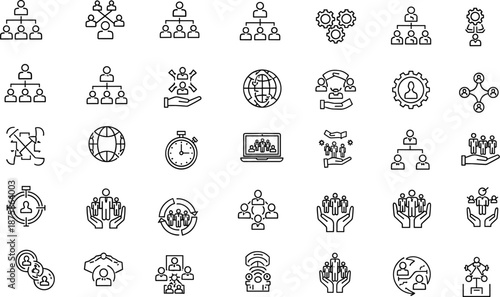 Business management and human resources icon set featuring organizational charts teamwork leadership hierarchy global networking corporate structure and professional people development.