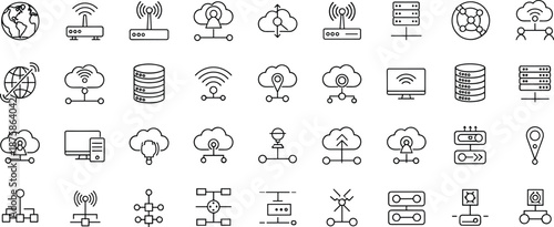 Cloud Computing and Network Technology Line Icons Collection Isolated on White Background for Professional Web Hosting Database Storage Vector Graphic Projects