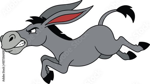 Running cartoon donkey illustration, angry mule character in motion, animal mascot design for education, farming themes, children content, storytelling, and playful animation graphics