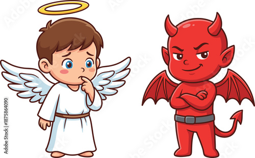 Cute cartoon angel and devil characters facing each other, moral choice concept illustration showing good versus evil, decision making, temptation, conscience, and ethical dilemma theme