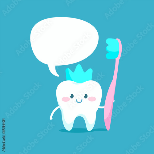 Cartoon Tooth Character with Crown of blue toothpaste, toothbrush and text bubble - "Smile King" concept for childrens dental care design and stomatology