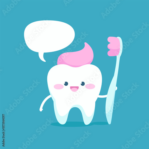 Cute Cartoon Tooth Character with pink toothpaste, toothbrush and text bubble - editable vector concept for childrens dental care design 