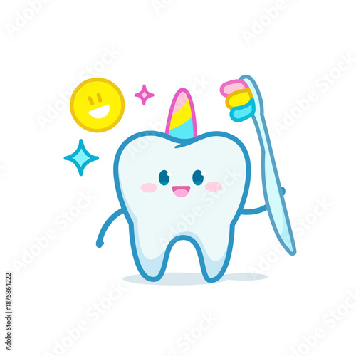 Cute healty tooth character in unicorn style for kids dental care design theme. Cartoon Happy Tooth mascot with rainbow toothpaste and toothbrush for children dental clinic brand design