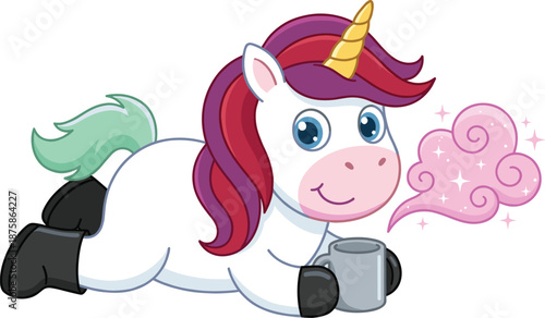 Cute cartoon unicorn character drinking coffee, magical fantasy animal mascot illustration, smiling kawaii unicorn vector isolated on white background