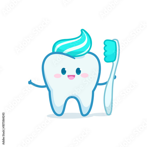 Cute healty tooth cute character for dental care design theme. Cartoon Happy Tooth mascot with toothpaste and toothbrush for children dental clinic brand design. Editable vector