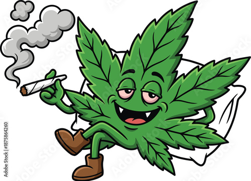 Funny cartoon cannabis leaf character smoking joint while relaxing on pillow, happy stoner mascot illustration, green marijuana plant vector isolated