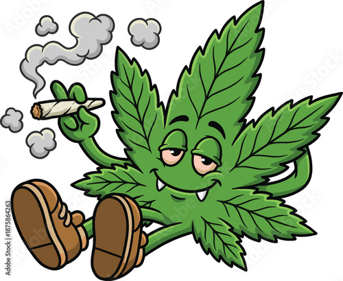 Funny cartoon marijuana leaf character smoking joint, relaxed stoner mascot illustration, green cannabis plant with shoes, isolated vector artwork on white background