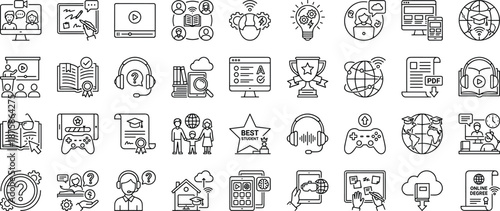 Online education and e learning icon set, digital classroom symbols, remote study tools, virtual training elements, outline style, cad drawing flat vector illustration