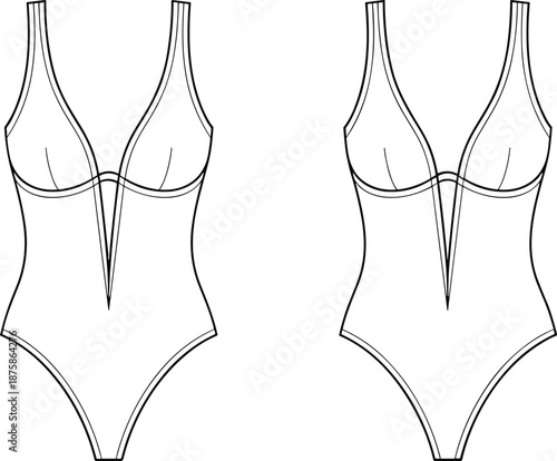 One piece swimsuit front view, deep V neckline, high cut leg, fashion flat sketch, apparel vector design template