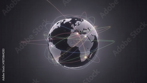 A conceptual visual of global connections represented by pastel lines on a minimalist globe.
