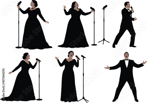 Opera singer silhouette, classical music, stage performance, vocal artist, dramatic pose, formal attire, concert performance, theatrical singing, passion, entertainment