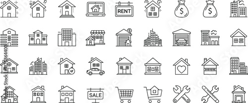 Payment and finance line icon set including credit cards, mobile banking, wallets, and security symbols