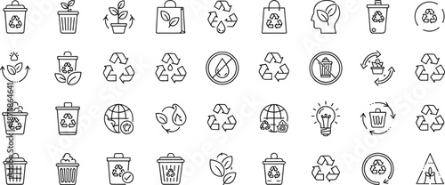 Set of linear ecology and recycling icons featuring waste management, sustainability, nature, and green energy symbols for vector design
