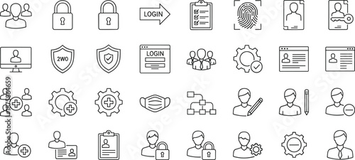Set of user login authentication and security line icons including lock shield and fingerprint symbols vector illustration