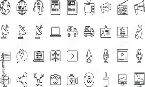 Set of vector outline icons representing global news, mass media, journalism, broadcasting, and digital communication technology for interface design.