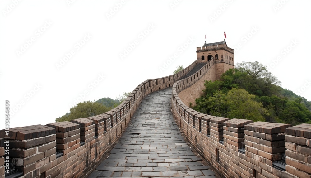 Fototapeta premium The Great Wall of China winds its way up a mountain with a watchtower in the distance.