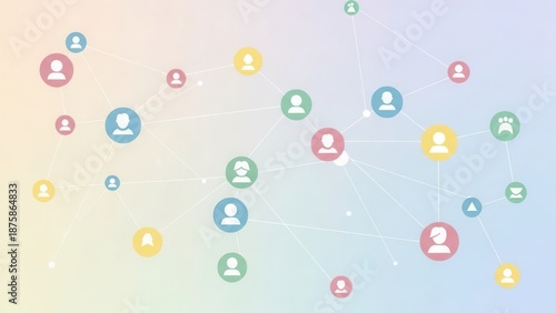 A conceptual visual of social networking with minimalist pastel user icons and connection lines.