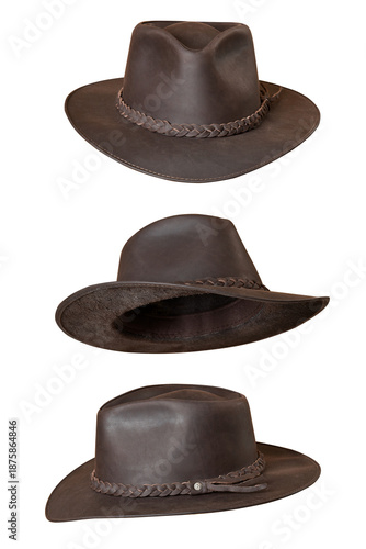 Cowboy-style leather hat with black ribbon isolated on a white background; natural leather hat for head protection for both men and women.