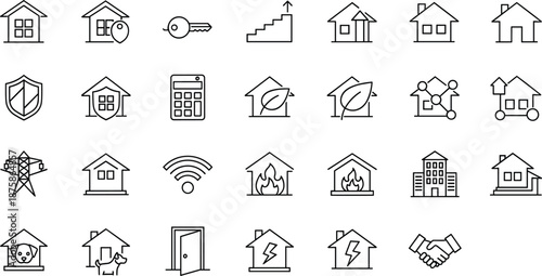 Set, of, linear, real, estate, icons, featuring, house, key, calculator, and, security, symbols, for, property, insurance, mortgage, and, agency.