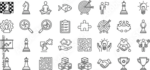 Strategic business icons set, chess pieces, targets, puzzles, lightbulbs, handshakes, success symbols, linear vector illustration collection for management, planning and marketing concepts.