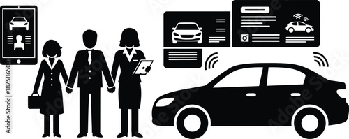 Vector silhouette illustration of business people and family interacting with a smart car featuring digital interface.