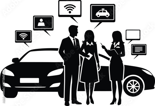 Vector silhouette illustration of business people discussing a modern smart car with wifi and digital connectivity icons.